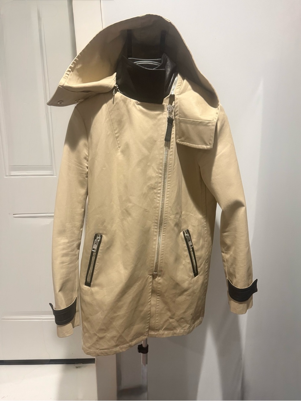 Vintage Mackage Beige Hooded Trench Coat with Black leather  Trim